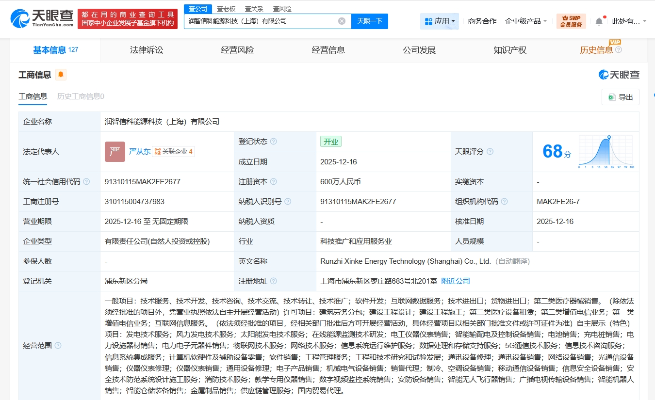 潤健股份上海布局新賽道，能源科技公司正式成立進軍基礎電信業務